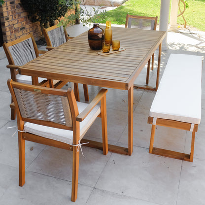 Albian 7 Seater hardwood outdoor dining set with beige cushions, wooden table, four chairs and bench