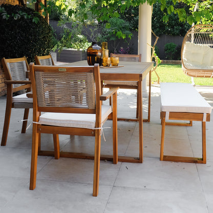Albian 7 Seater Hardwood Outdoor Dining Set in Beige with rectangular table, woven rope back chairs, bench seat and amber