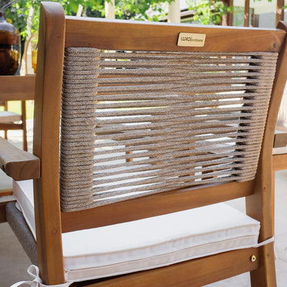 Close-up of Albian outdoor chair showing hardwood frame, beige woven rope backrest, cream cushion, and LUXO Outdoors branding