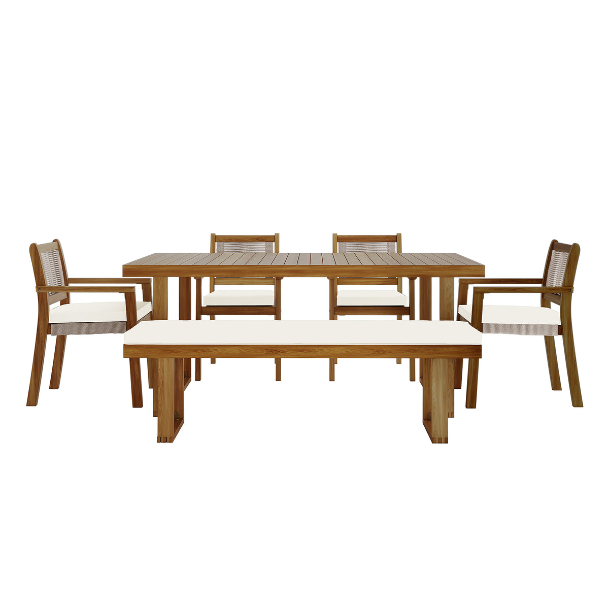 Albian 7 Seater Solid Timber Outdoor Dining Set Beige, featuring a close-up of a sturdy acacia wood table and chairs with plush cushions, designed for stylish, functional outdoor gatherings.