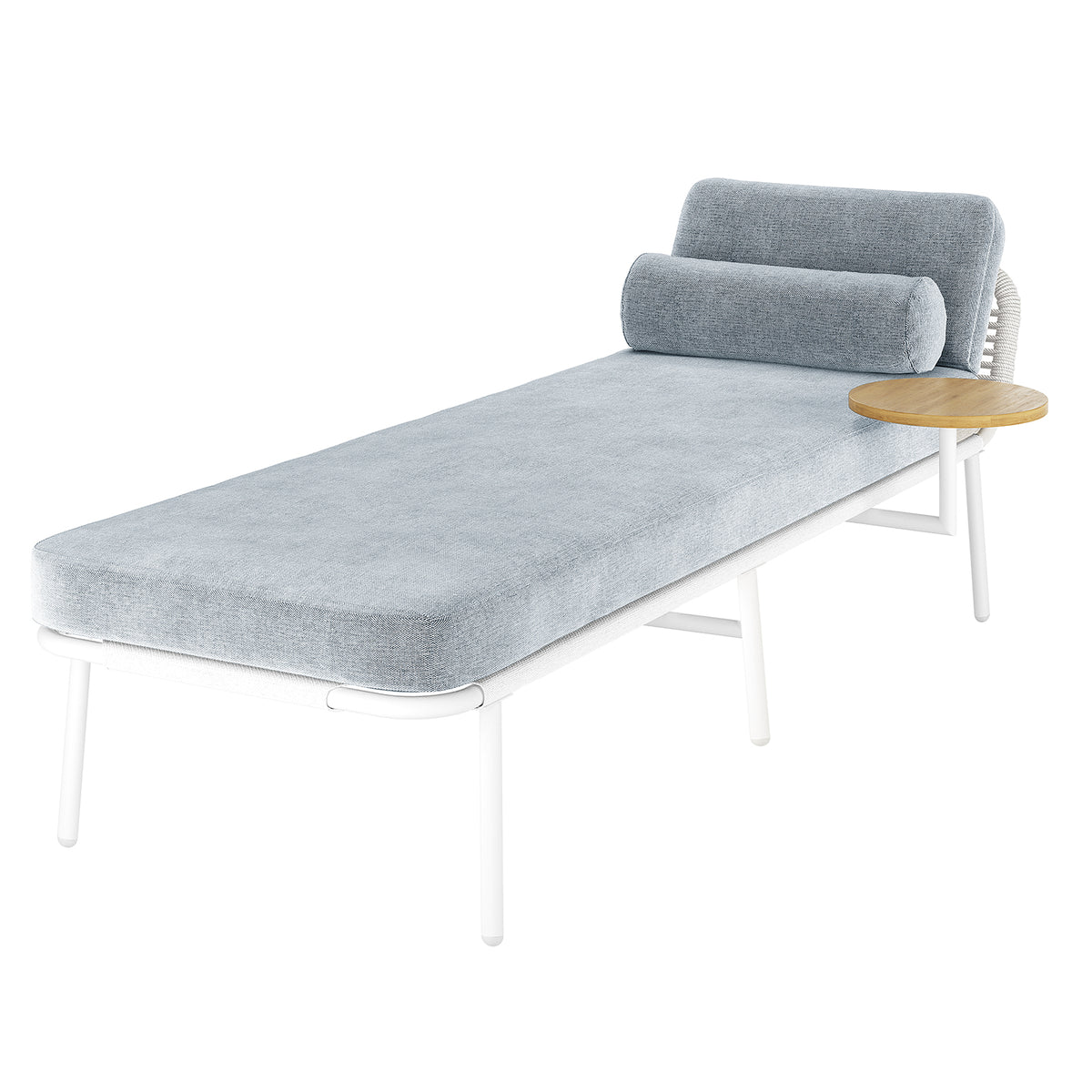 Andre Wicker Outdoor Sun Lounger with Cushion in Light Grey features a minimalist white metal frame, light gray-blue cushions, a cylindrical pillow, and a round wooden side table for contemporary indoor or patio use.