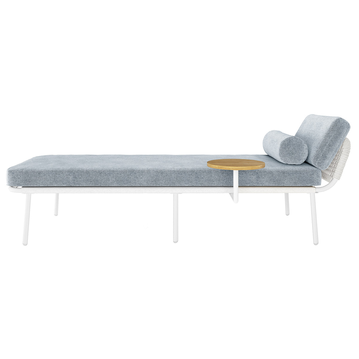 Andre Wicker Outdoor Sun Lounger with Cushion in Light Grey features a white metal frame, light blue-gray cushion, cylindrical pillow, and a round wooden side table.