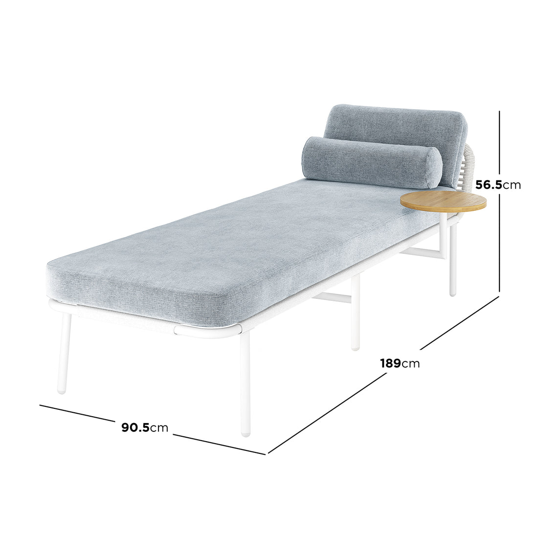 Andre Wicker Outdoor Sun Lounger with Cushion in Light Grey features a slim white metal frame, light blue-gray cushions, a bolster pillow, angled backrest, and an attached round wooden tabletop. Dimensions: 189x90.5x56.5 cm.