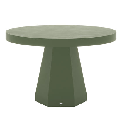 Apollo 120cm outdoor concrete dining table in green with round top and flared geometric pedestal base