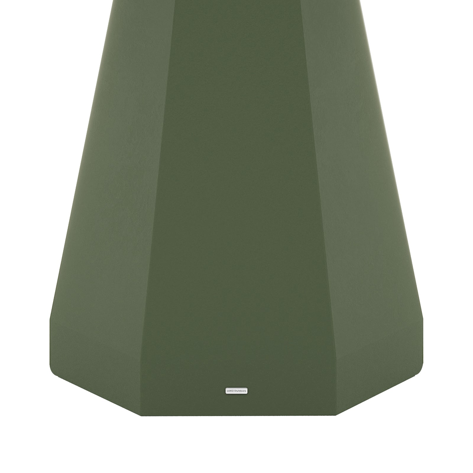 Close-up of the green concrete pedestal base of the Apollo 120cm Outdoor Dining Table, showing the LUXO Outdoors logo plate