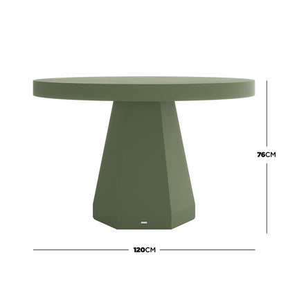 Apollo 120cm Outdoor Concrete Dining Table in Green with round top and geometric pedestal base, 76cm height