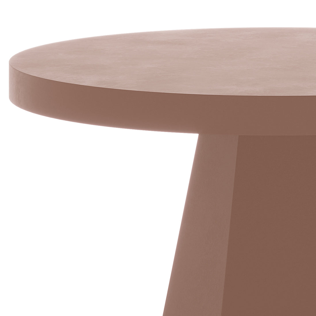 Close-up of round Apollo outdoor dining table edge and sculptural pedestal base in Mocha Mousse finish