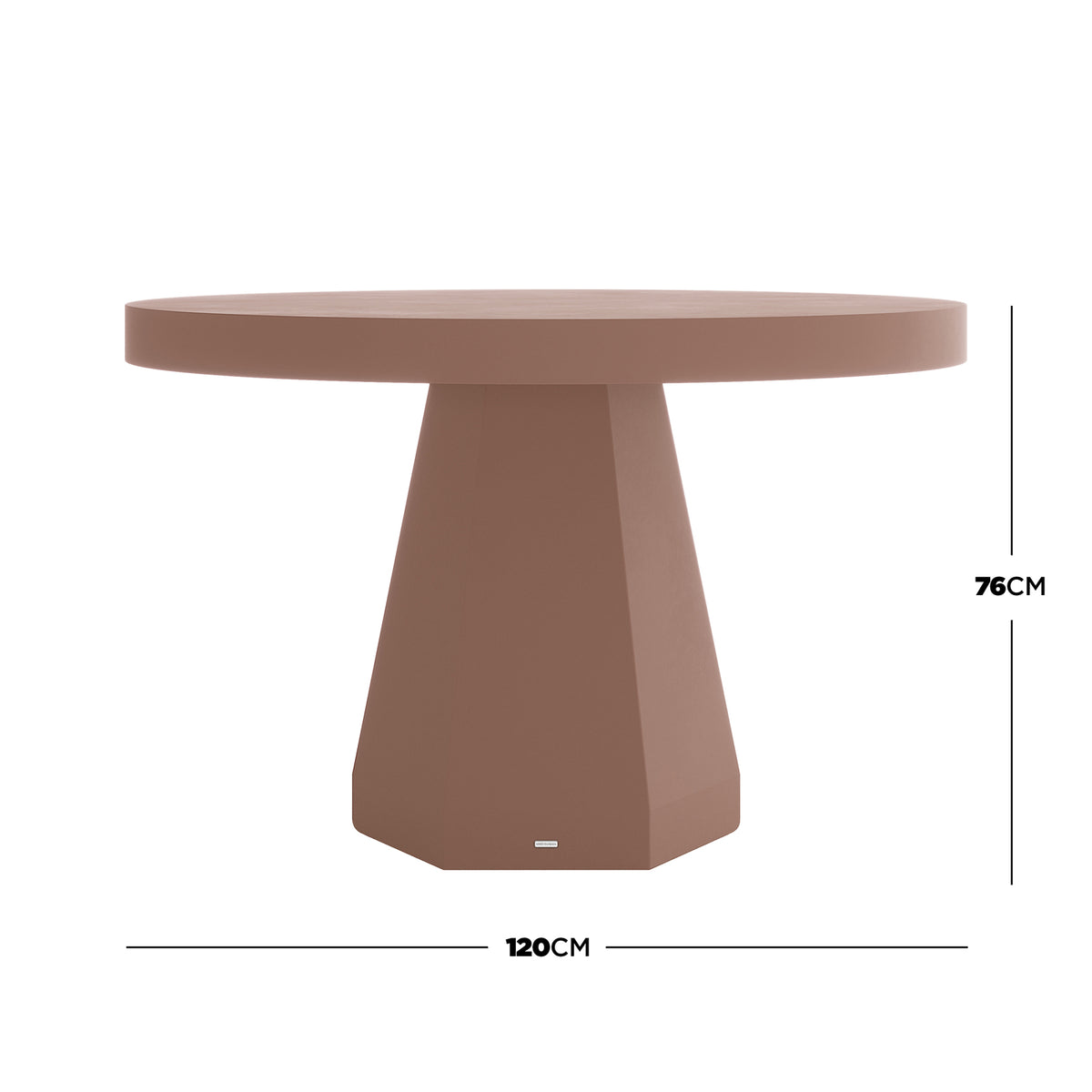 Apollo 120cm round outdoor concrete dining table in Mocha Mousse with sculptural pedestal base, 76cm height