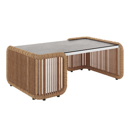 Avon 5-Seater Premium Aluminium Rattan Outdoor Lounge Set Cream White, showcasing close-up details of its durable rattan weave, aluminium frame, and elegant ceramic tabletop design, highlighting luxurious outdoor comfort and craftsmanship.