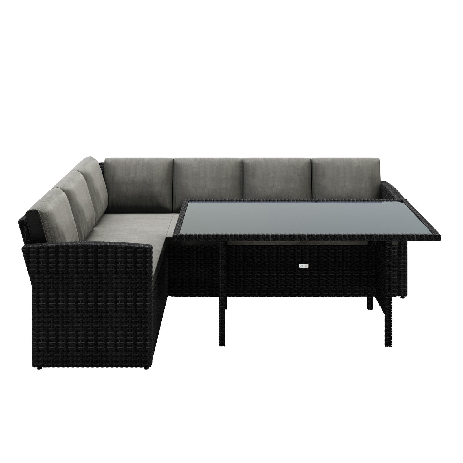 Close-up of the Ballena 6 Seater Wicker Outdoor Dining Sofa Set, showcasing the textured wicker design and plush cushions, highlighting its modern style and comfort for outdoor dining and lounging.