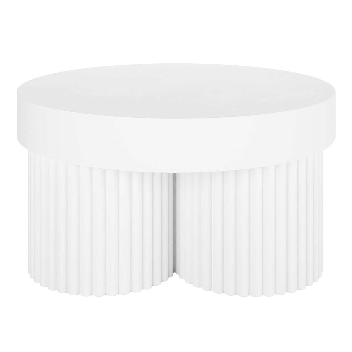 Basalt & Salvo Outdoor Concrete Coffee Table Set in White, featuring a circular top and two drum-like, fluted column legs with vertical slats, showcasing a modern, minimalist design.