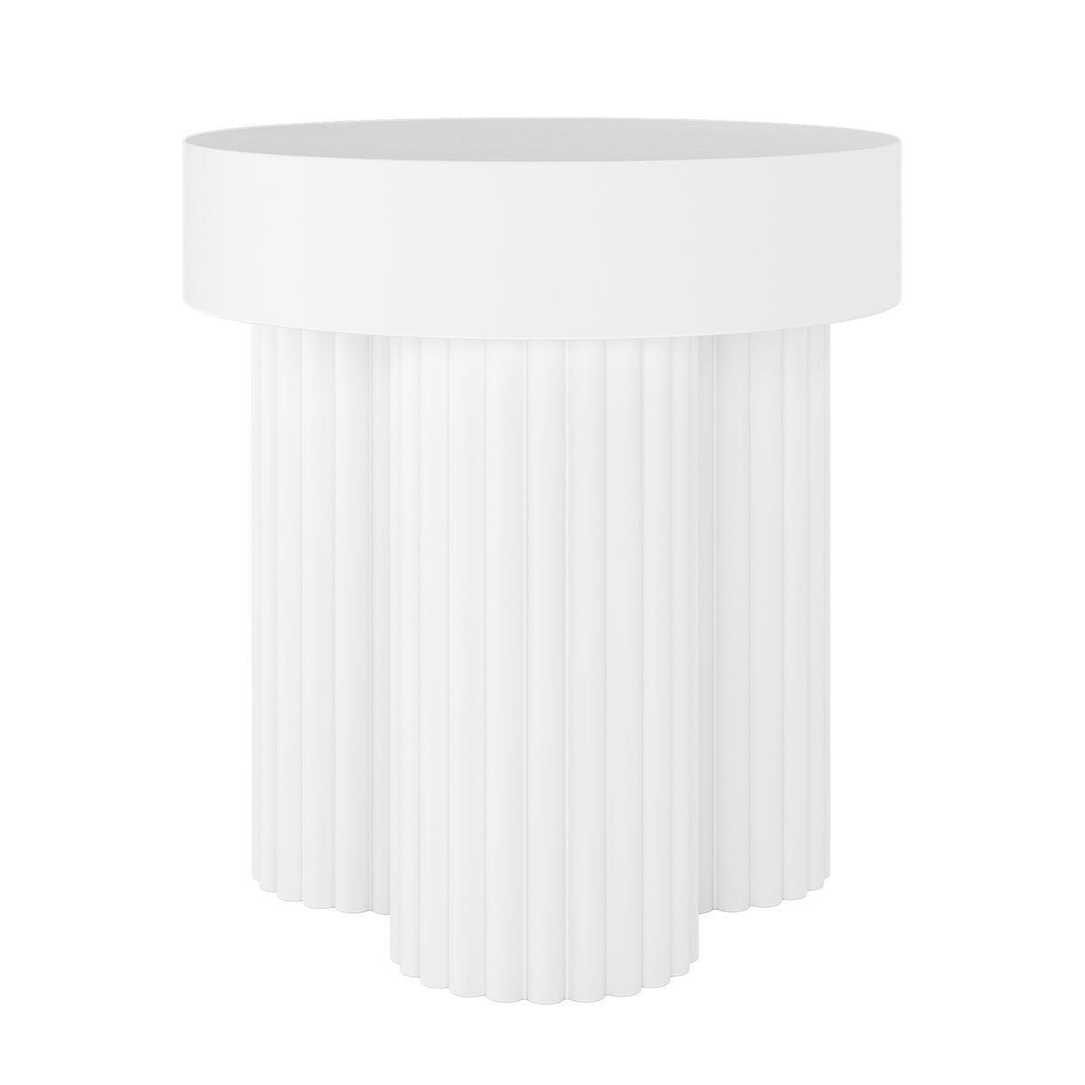 Minimalist white pedestal table with a circular top and fluted base, part of the Basalt & Salvo Outdoor Concrete Coffee Table Set in White, showcasing classical design elements for versatile indoor-outdoor use.