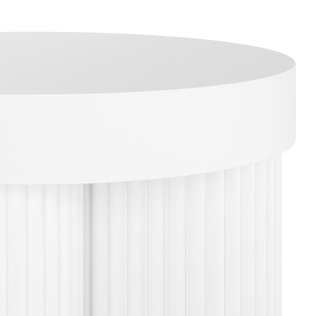 Basalt 70cm Indoor & Outdoor Concrete Coffee Table in White, featuring a round shape with smooth, flat top and vertical pleated sides, crafted for durability and elegance in any setting.