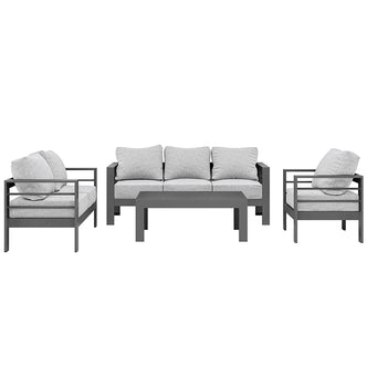 Luxo Bayo 6 Seater Aluminium Outdoor Furniture Set – Grey features a sleek, metal-framed couch with thick cushions and a matching table, offering stylish and comfortable outdoor seating for six.