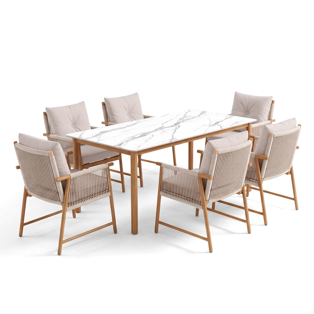 Full dining set with rectangular table and six chairs on a white background