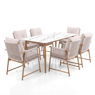 Full dining set with rectangular table and six chairs on a white background