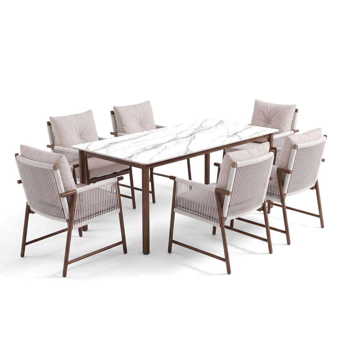 Full modern dining set with eight chairs and marble-look table on a white background