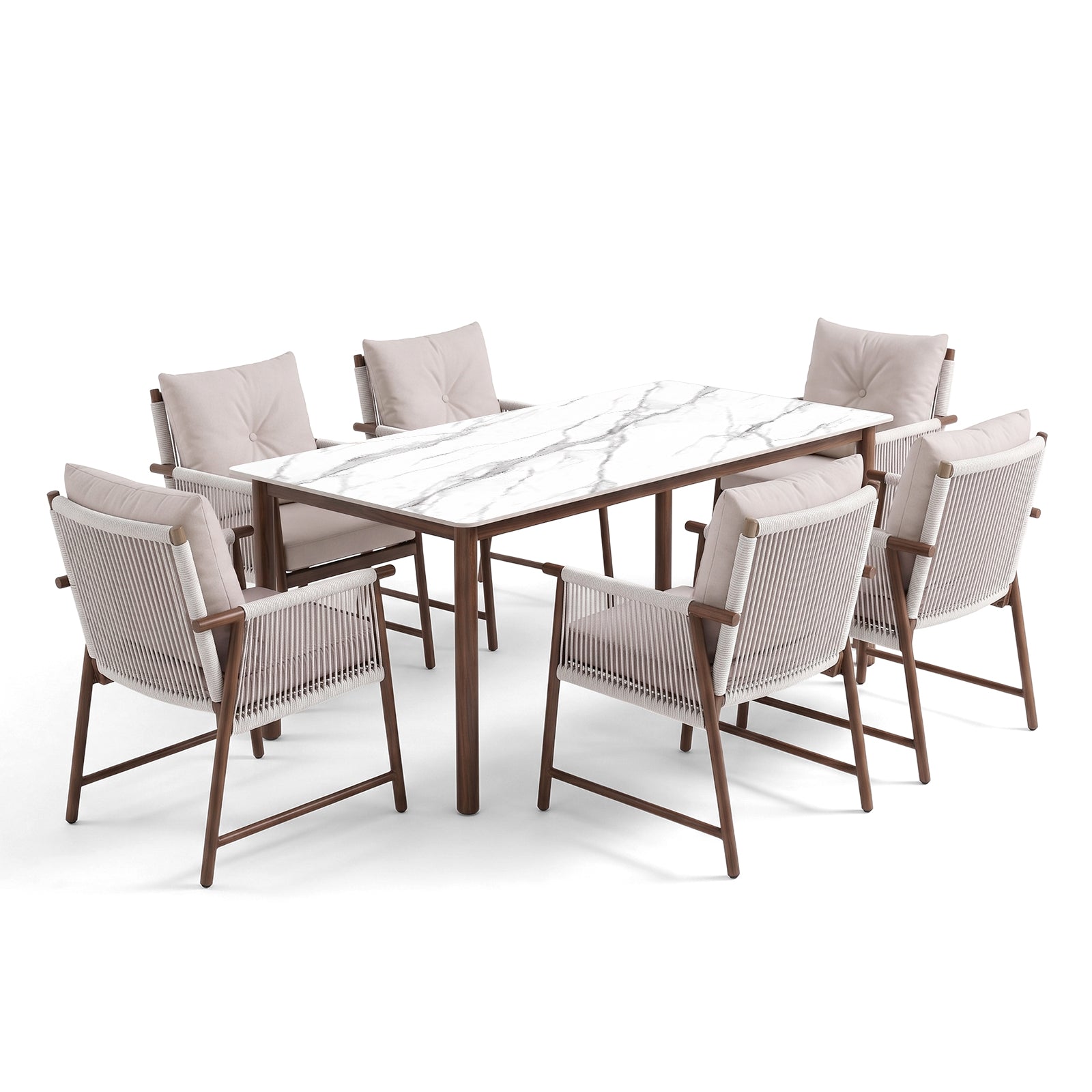 Full modern dining set with eight chairs and marble-look table on a white background