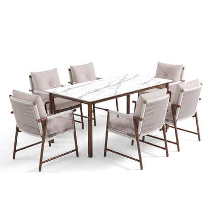 Full modern dining set with eight chairs and marble-look table on a white background