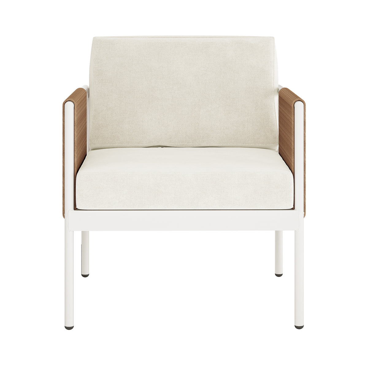 Brujas 4 Seater Wicker Outdoor Lounge Set in Light Beige features a modern armchair with a white metal frame, cream cushions, and brown woven panels inside the arms, showcasing contemporary elegance.