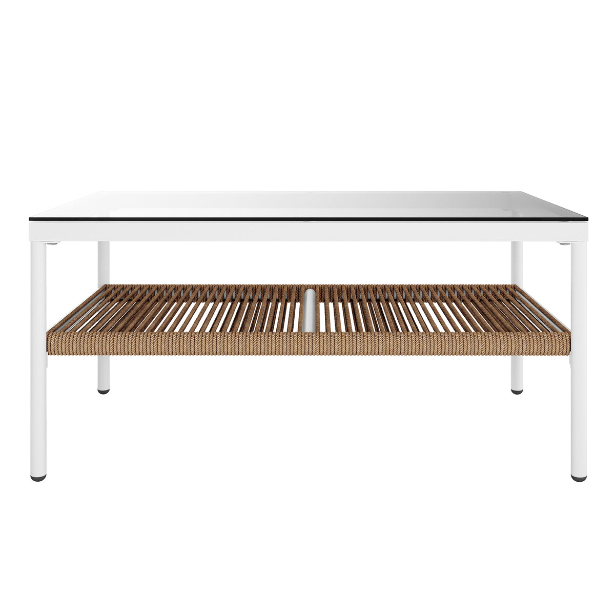 Brujas 4 Seater Wicker Outdoor Lounge Set in Light Beige features a rectangular coffee table with a clear glass top and white metal frame, complemented by a natural brown woven rope shelf underneath.