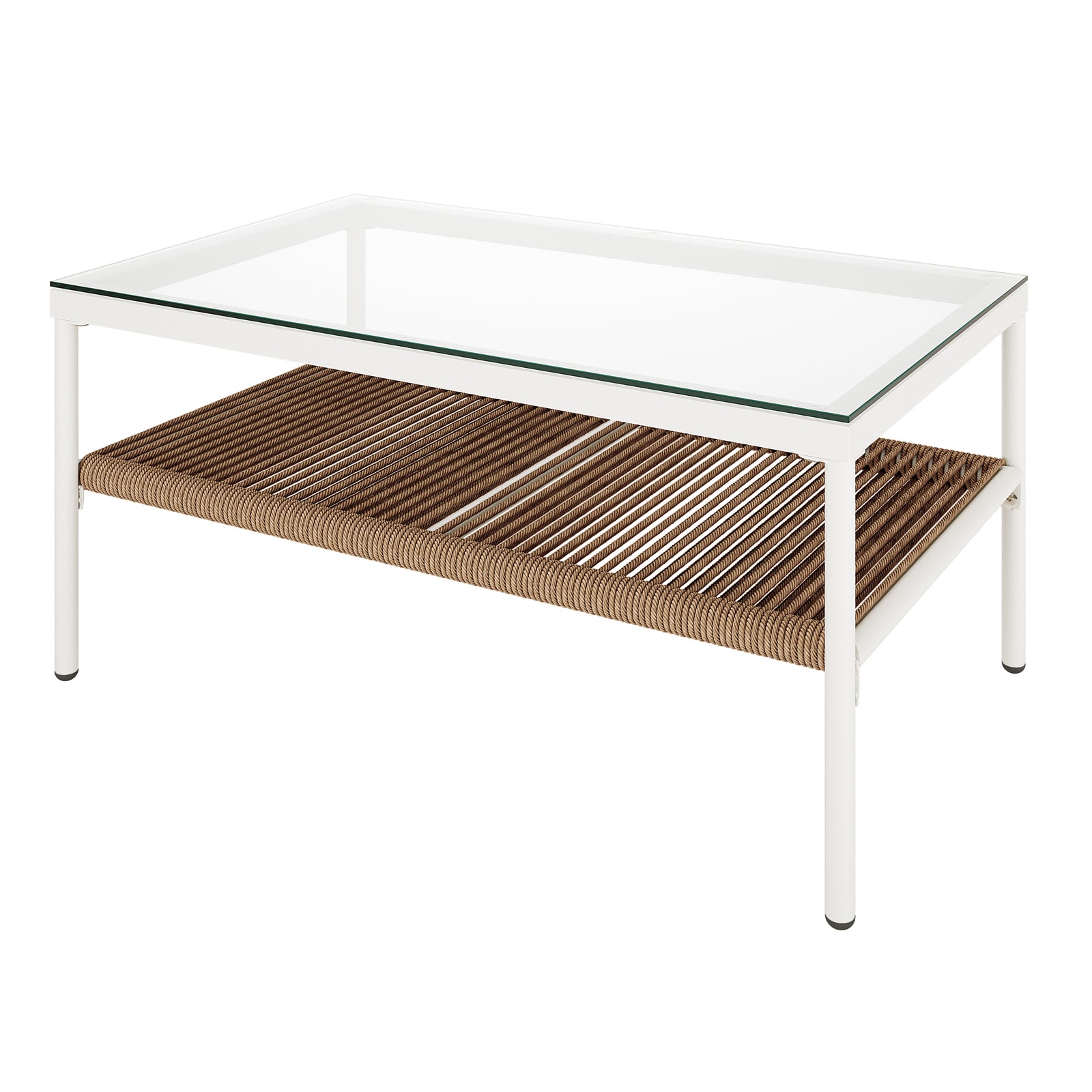 Brujas 4 Seater Wicker Outdoor Lounge Set in Light Beige features a minimalist coffee table with a clear glass top, white metal frame, and a secondary shelf of woven brown rope.