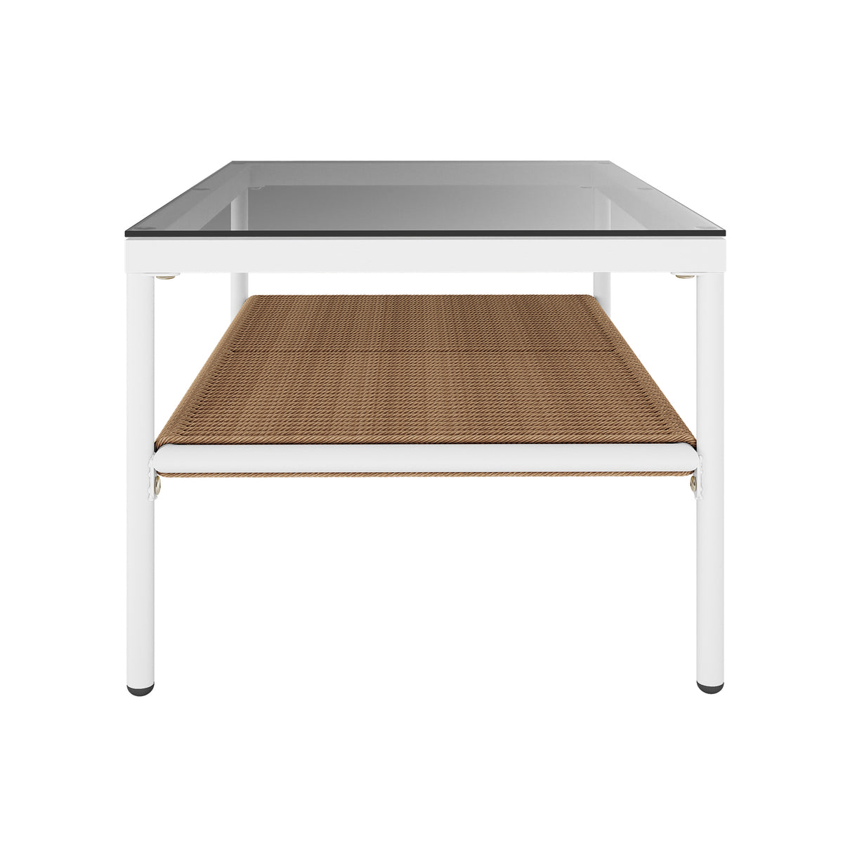The Brujas 4 Seater Wicker Outdoor Lounge Set in Light Beige features a minimalist coffee table with a white metal frame, clear glass top, and woven rope shelf, perfect for covered outdoor spaces.