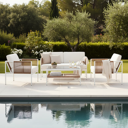 Brujas 4 Seater Wicker Outdoor Lounge Set in Light Beige with white metal frames, tan rope-woven arm panels, off-white