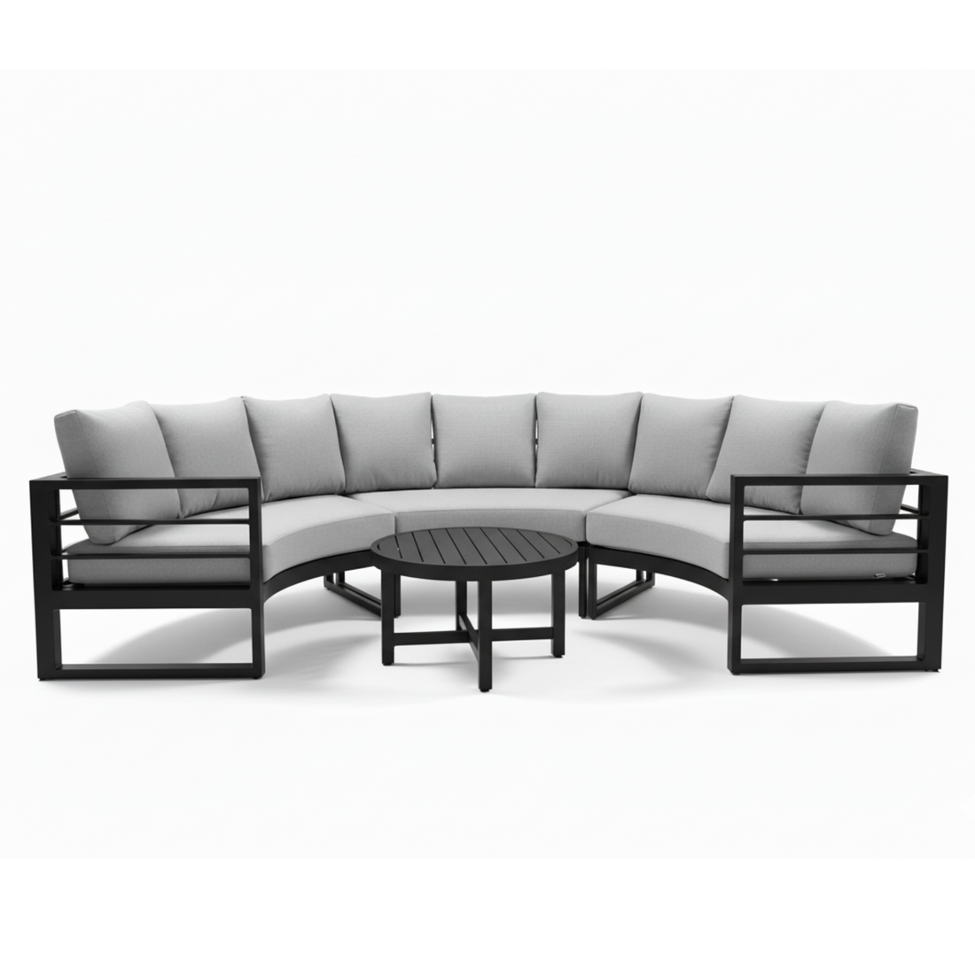 Callanna 5 Seater Curved Outdoor Lounge Set in Dark Grey with light-grey cushions and round black coffee table
