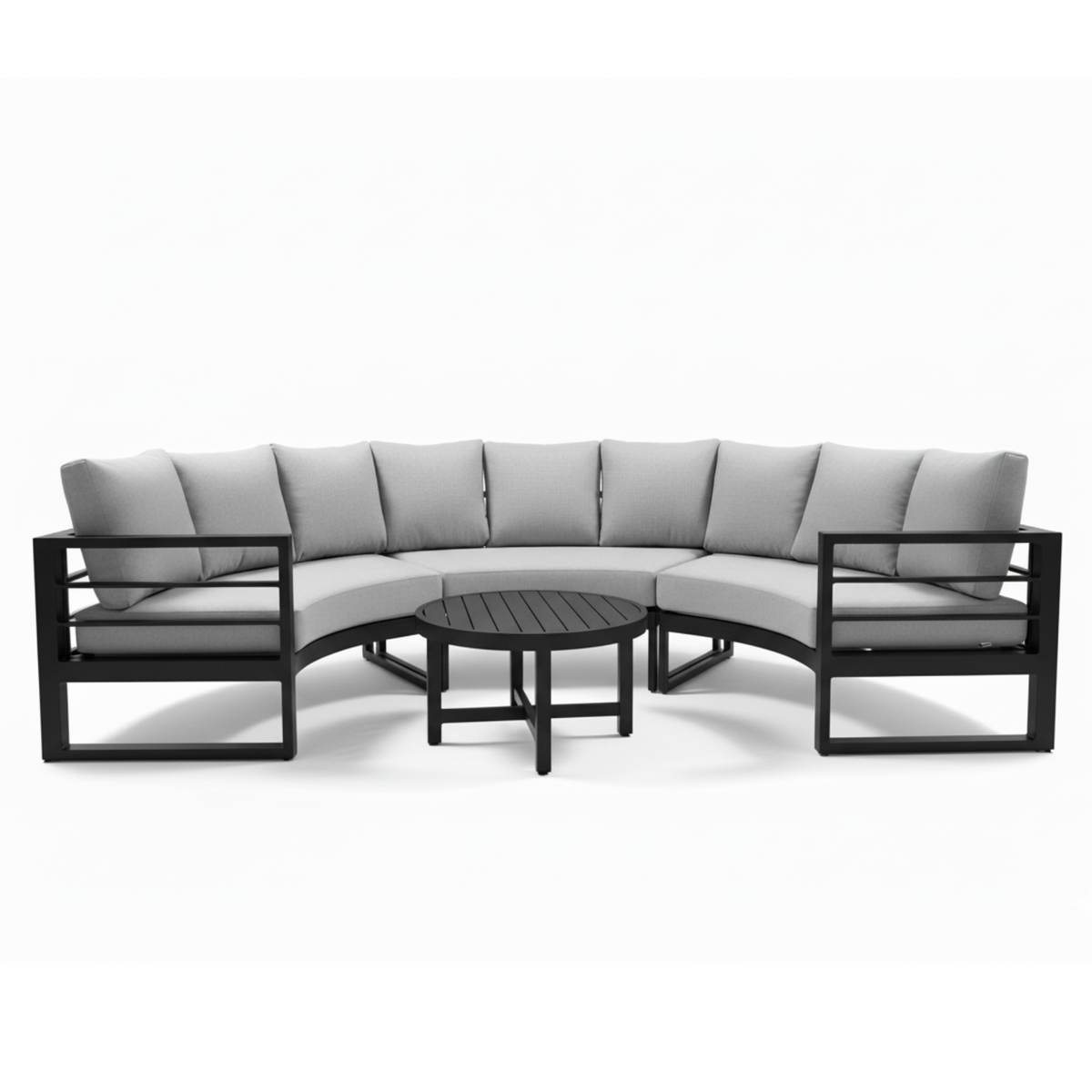 Callanna 5 Seater Curved Outdoor Lounge Set in Dark Grey with light-grey cushions and round black coffee table