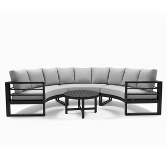Callanna 5 Seater Curved Outdoor Lounge Set in Dark Grey with light-grey cushions and round black coffee table