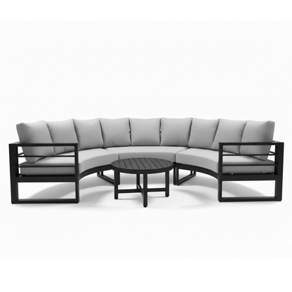 Callanna 5 Seater Curved Outdoor Lounge Set in Dark Grey with light-grey cushions and round black coffee table