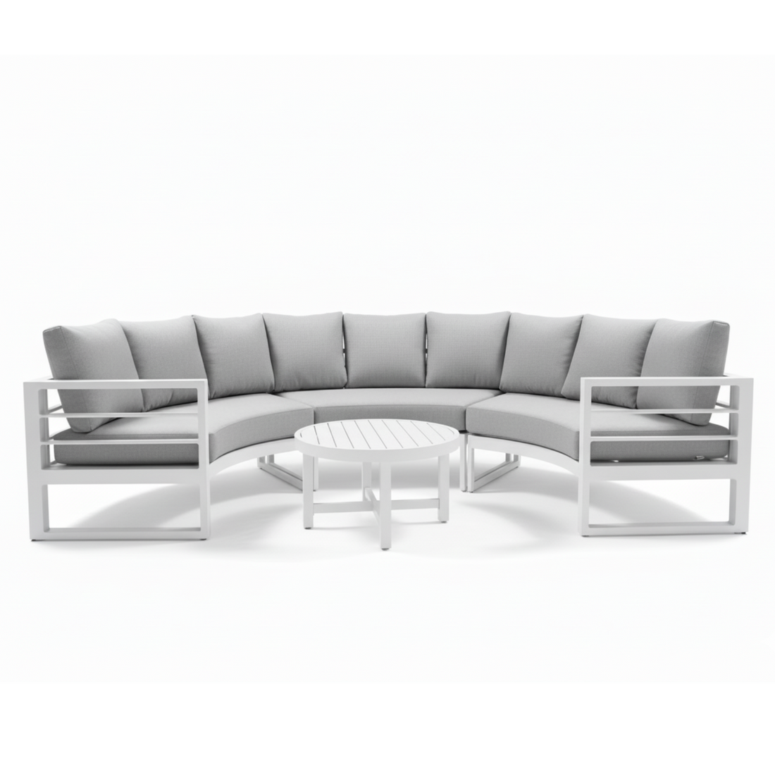 Callanna 5-Seater Round Outdoor Lounge Set in White with curved sectional sofa, light-grey cushions, and white round coffee