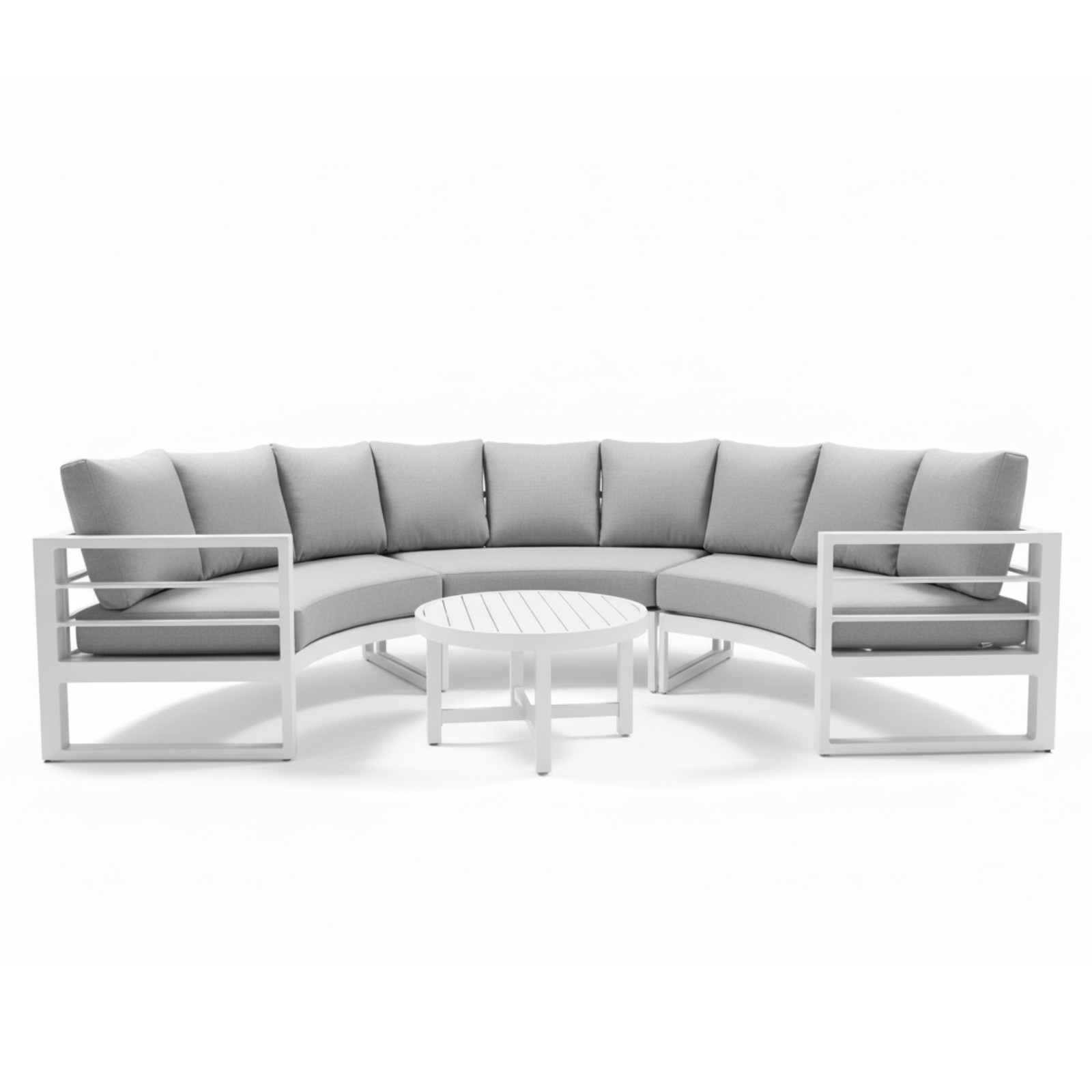 Callanna 5-Seater Round Outdoor Lounge Set in White with curved sectional sofa, light-grey cushions, and white round coffee