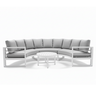 Callanna 5-Seater Round Outdoor Lounge Set in White with curved sectional sofa, light-grey cushions, and white round coffee