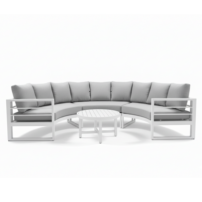Callanna 5-Seater Round Outdoor Lounge Set in White with curved sectional sofa, light-grey cushions, and white round coffee