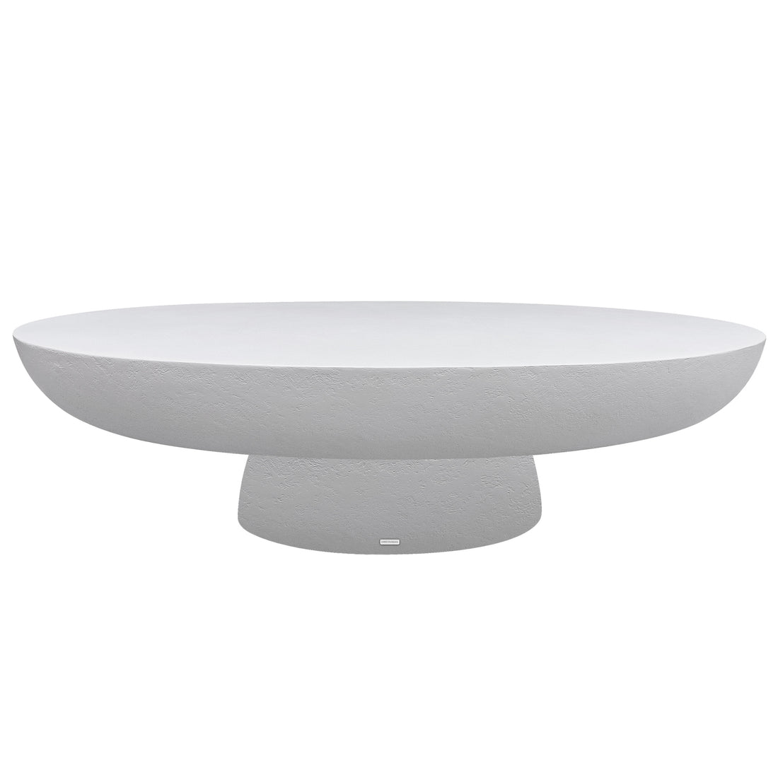 Cassius Oval Outdoor Concrete Coffee Table in White, featuring a smooth oval top and sculptural rounded base with textured