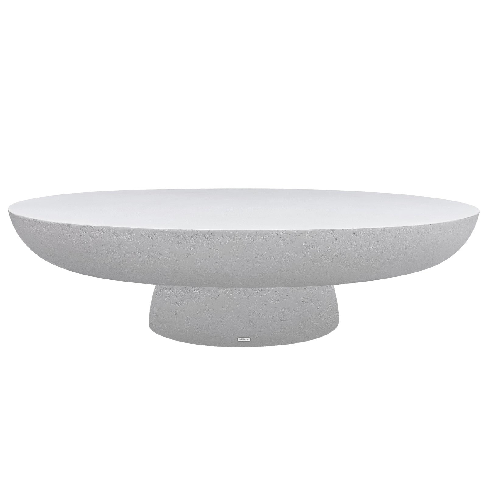 Cassius Oval Outdoor Concrete Coffee Table in White, featuring a smooth oval top and sculptural rounded base with textured