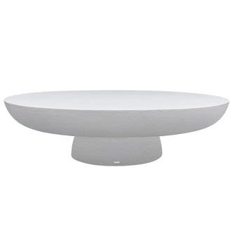 Cassius Oval Outdoor Concrete Coffee Table in White, featuring a smooth oval top and sculptural rounded base with textured