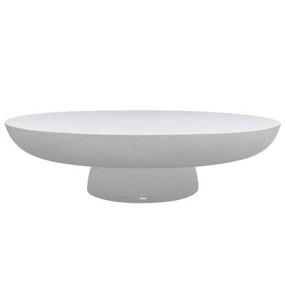 Cassius Oval Outdoor Concrete Coffee Table in White, featuring a smooth oval top and sculptural rounded base with textured