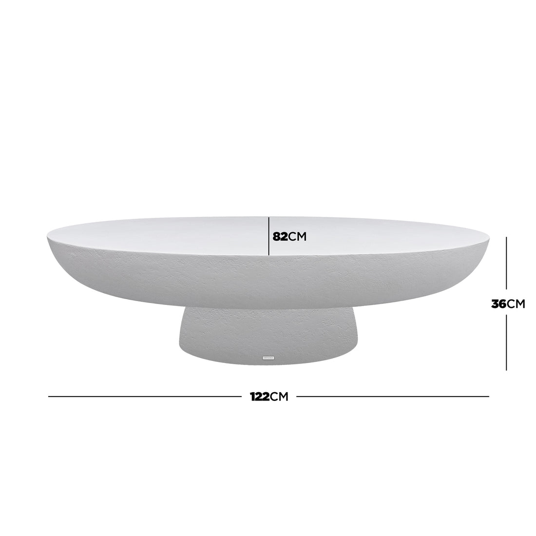 Cassius Oval Outdoor Concrete Coffee Table in White with dimensional annotations showing 122cm length, 82cm width, and 36cm