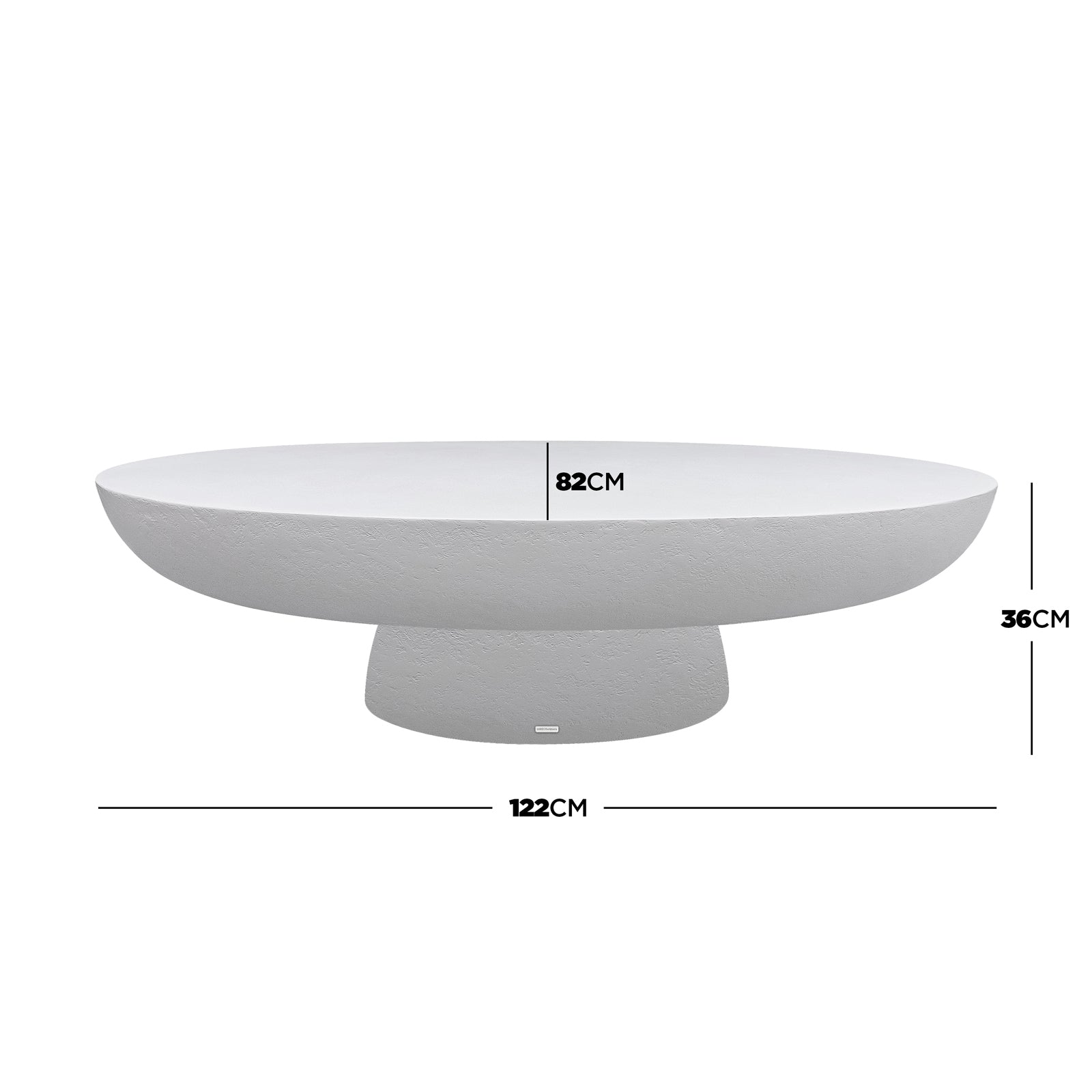 Cassius Oval Outdoor Concrete Coffee Table in White with dimensional annotations showing 122cm length, 82cm width, and 36cm