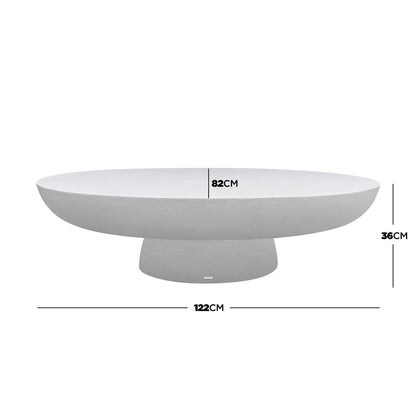 Cassius Oval Outdoor Concrete Coffee Table in White with dimensional annotations showing 122cm length, 82cm width, and 36cm
