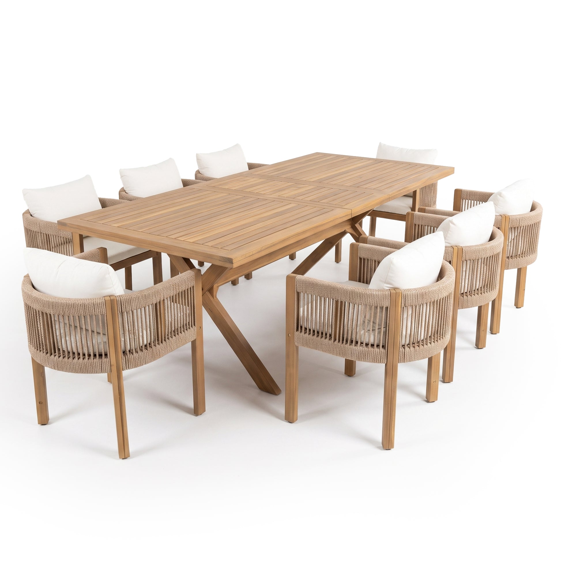 Dining table with eight chairs on a white background