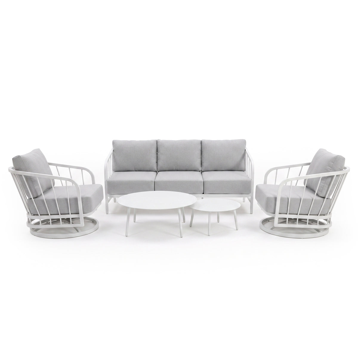 Full outdoor lounge set with sofa, armchairs, and round coffee tables on a white background