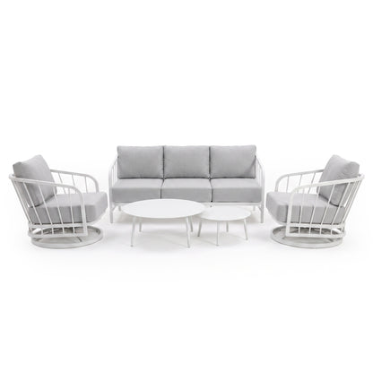 Full outdoor lounge set with sofa, armchairs, and round coffee tables on a white background