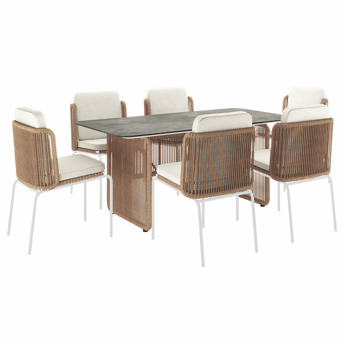Craigie Premium 6-Seater Outdoor Dining Set with Ceramic Glass Table features a close-up of a table with a ceramic pattern top and two chairs, highlighting its stylish design and durable construction.