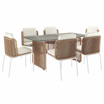 Craigie Premium 6-Seater Outdoor Dining Set with Ceramic Glass Table features a close-up of a table with a ceramic pattern top and two chairs, highlighting its stylish design and durable construction.