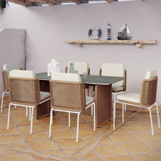 Craigie Premium 6-Seater Outdoor Dining Set featuring a ceramic glass table and six chairs, highlighting the table's elegant tempered glass top with a ceramic pattern and sturdy aluminium frame.
