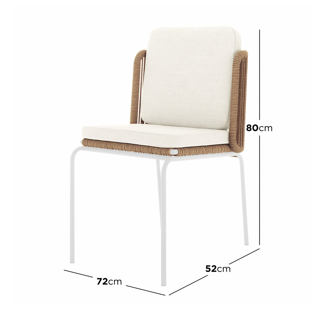 Dimension of the Craigie Premium 6-Seater Outdoor Dining Set showcasing a white cushion, chair detail, and rope texture, emphasizing its durable design and elegant ceramic glass tabletop.
